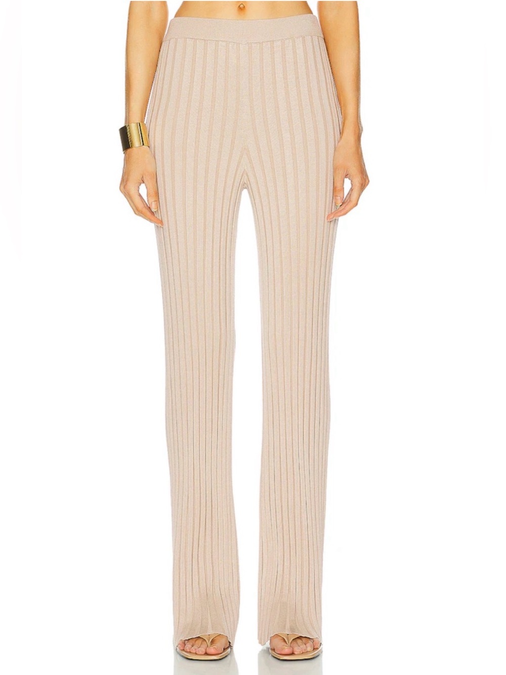 L’Academie Seraph Ribbed Knit High Rise Flare Pants Champagne Tan Medium - Picture 3 of 11